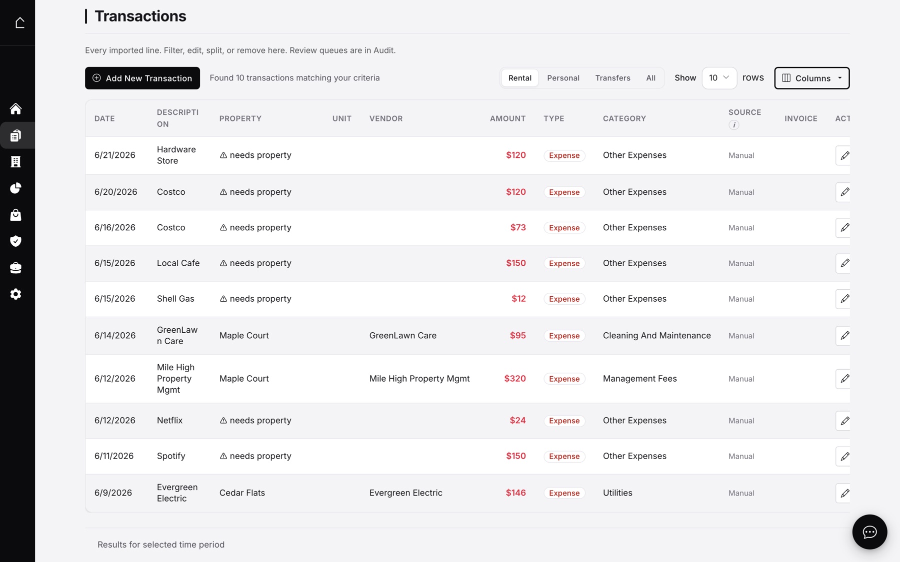 The Oberlin24 transactions view with rental income and expenses categorized by Schedule E line