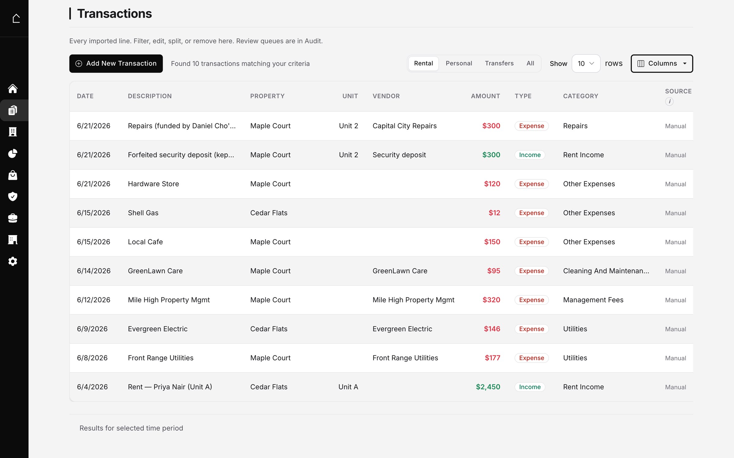 The Oberlin24 transactions view, with each rental transaction sorted to a Schedule E category like Repairs, Utilities, Management Fees, or Other Expenses.